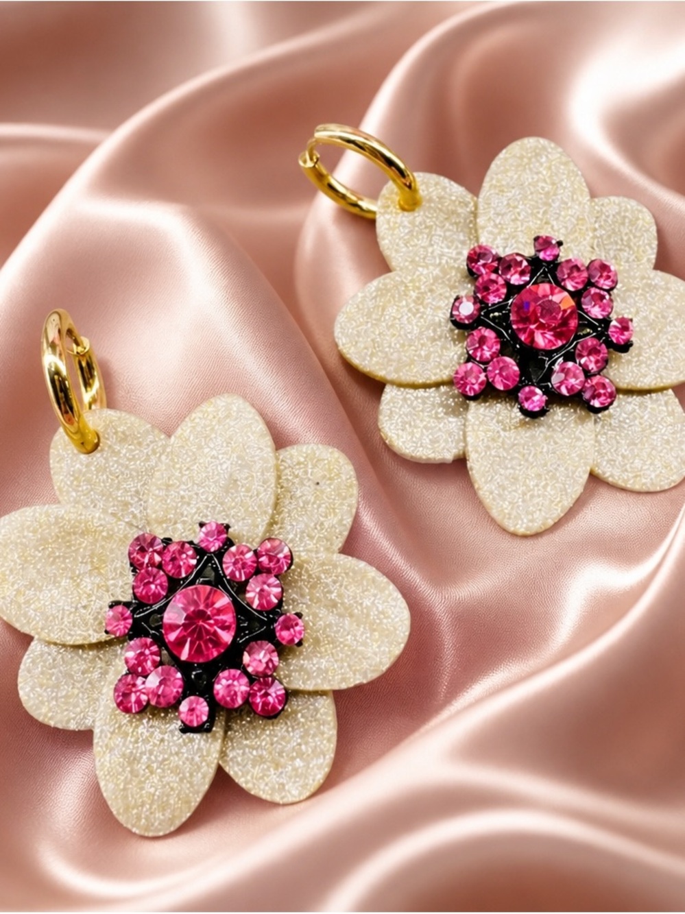 Handcrafted Fuchsia Crystal Flower Earrings with Gold Hoops - Picture 3 of 5